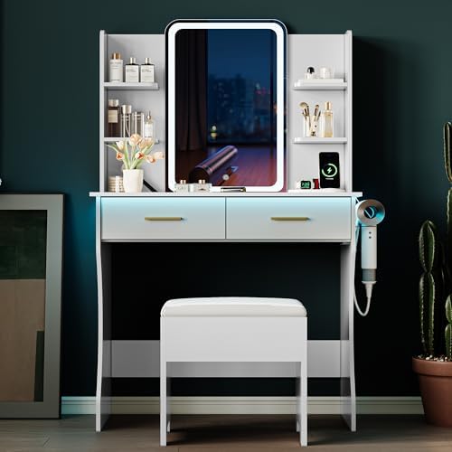 Vanity Desk with LED Lights Mirror & Power Outlet, Small Makeup Vanity Table Set with Storage Drawers & Chair, 3 Lighting Modes & Adjustable Brightness, Dressing Table for Women Girls Bedroom, White