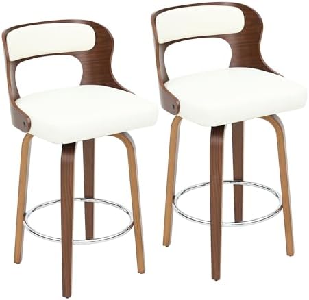ClinQ 26" Counter Height Barstool Set of 2,Bentwood Leg and Back,White | 360° Swivel Barstool | Faux Leather Upholstered Seating | Ergonomic Backrest | Mid Century Style | Kitchen & Restaurant Use