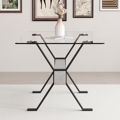 Glass Dining Table 71"|Modern Dining Table for 6|0.4" Thick Tempered Glass Top|Matte Black Metal Legs|Grey Crossbar|Easy Assembly|Perfect for Dining Room or Kitchen