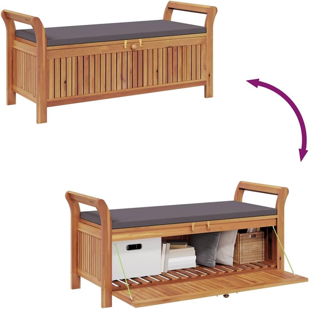 Solid Acacia Wood Garden Storage Bench with Dark Grey Cushion, Outdoor Patio Seat with Under-Seat Storage, Oiled Finish for Weather Protection, Easy Assembly