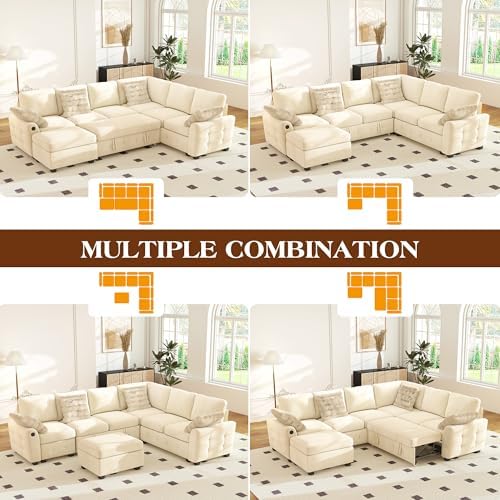 Ihanherry 106-inch Large L-Shaped Sectional Sofa Bed, 7-Seater Convertible Pull Out Sleeper with Storage Ottoman, 4 Pillows & USB Charging Ports, Premium Chenille Fabric for Big Living Room(Beige)