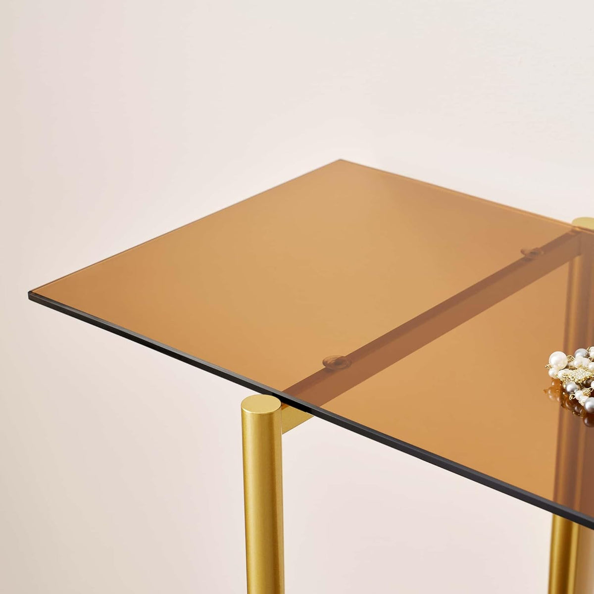 Extra Large Glass Console Table for Living Room, Foyer & Entrance, L47 x W16 x H31, Mid-Century Modern Sofa Table with Amber Glass Top, Walnut Finish Wood Top and Gold Finish Metal Frame
