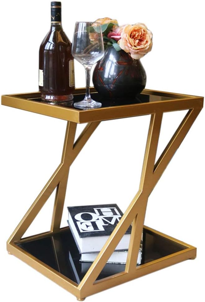 Telephone Table, Tempered Glass Side Table Nordic Modern Iron Art Sofa Table Coffee Table Bedside Table for Living Room Bedroom Balcony,17.7''x15.7''x19.6''(Color:Gold)