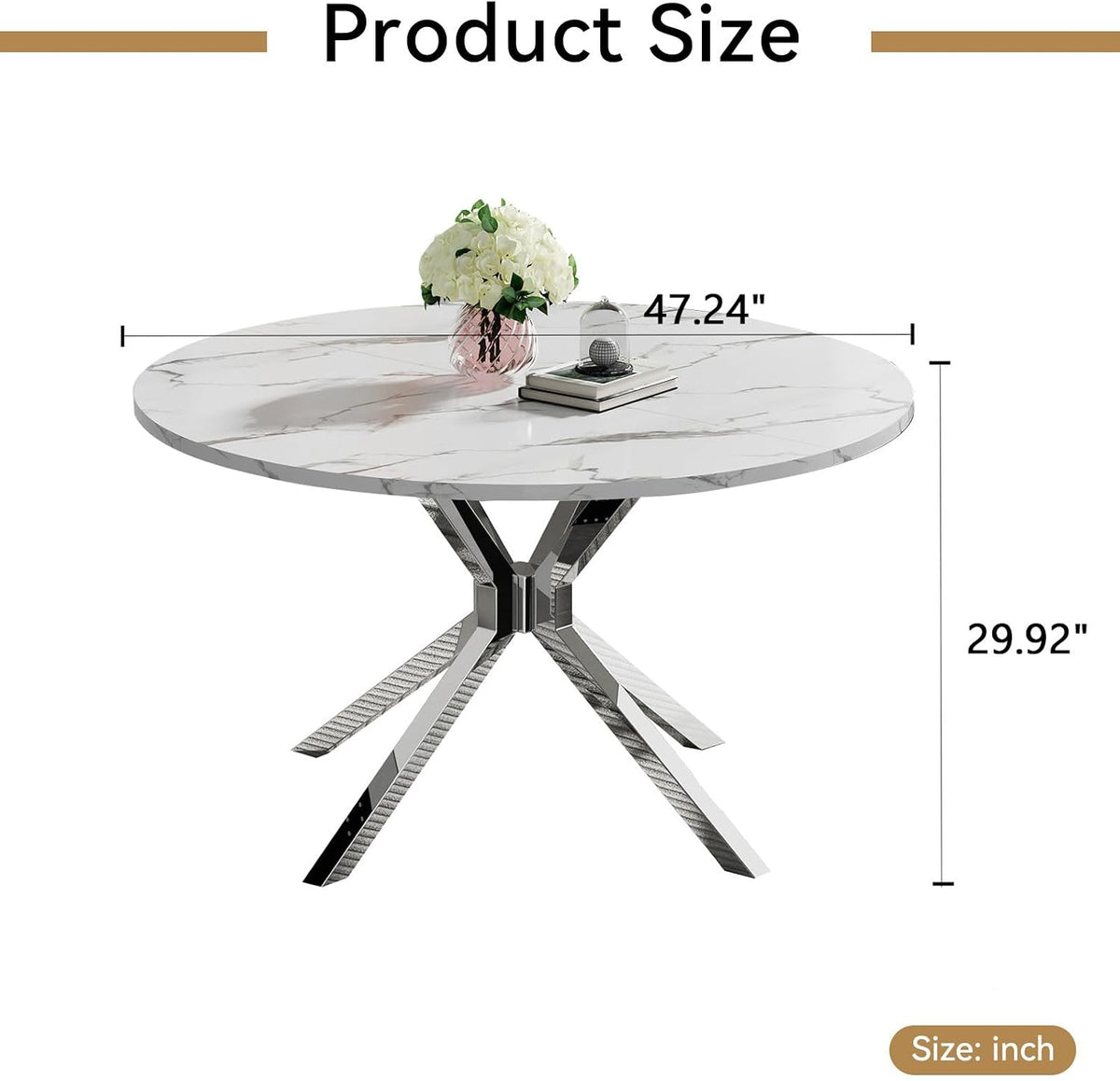 Modern Round Dining Table for 4 to 6, 47 inch Circle Dining Table with White Faux Marble Top & Silver Stainless Steel X Base, Round Dining Room Table for Kitchen Dining Room Small Space