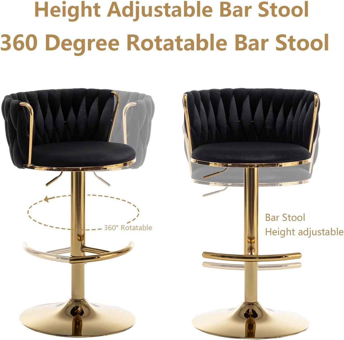Riknuxi Velvet Bar Stools Set of 3, Counter Height Bar Chairs with Low Back, Gold Swivel Bar Stools for Kitchen Island, Pub (Black)