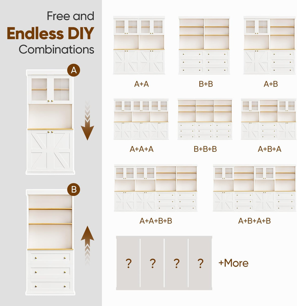 71" Tall Modular Farmhouse Bookcase with Drawers,Expandable Wooden Storage Cabinets for Home Office and Study Room,White