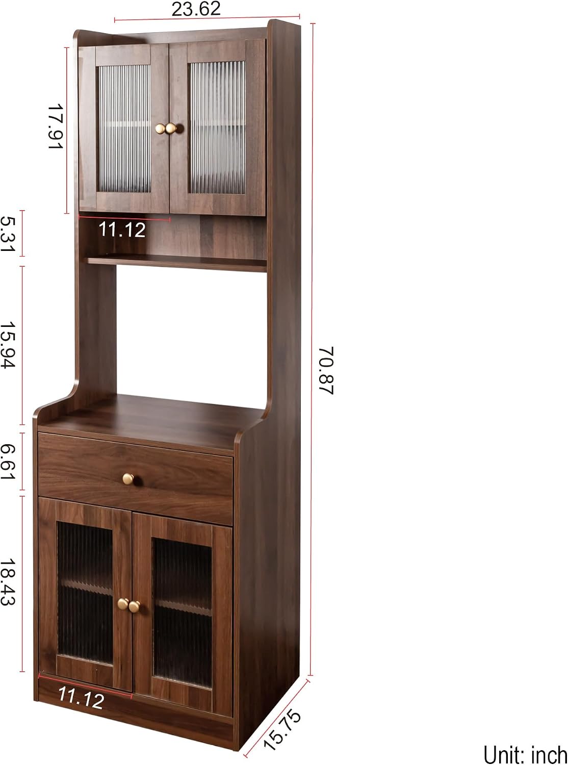 Runboll Tall Coffee Bar Cabinet with Hutch, Kitchen Pantry Cabinet with Microwave Stand, Farmhouse Storage Cabinet with Glass Doors & Drawers for Kitchen, Dining Room, Walnut