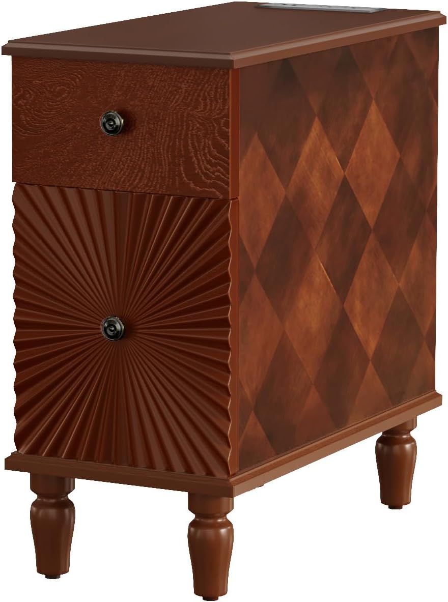 Narrow End Table with Charging Station,Modern Sofa Side Table with 2 Drawers,Narrow Side Tables with Storage Cabinet, Wood Slim Nightstand, End Tables for Living Room, Bedroom