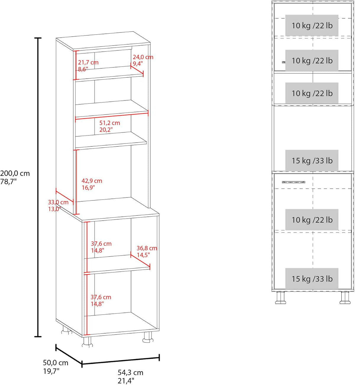 Kitchen Pantry with 2 Doors and 5 Shelves in White | Tall vertical design with 5 shelves for efficient kitchen storage