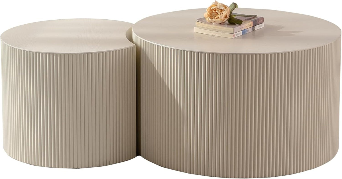 Nesting Coffee Table Set of 2, Round & Crescent Moon Wood Coffee Table and End Table Sets, Modern Luxury Accent Center Tea Table for Living Room Bedroom, (Beige + Cream, 18.9" & 14.96"