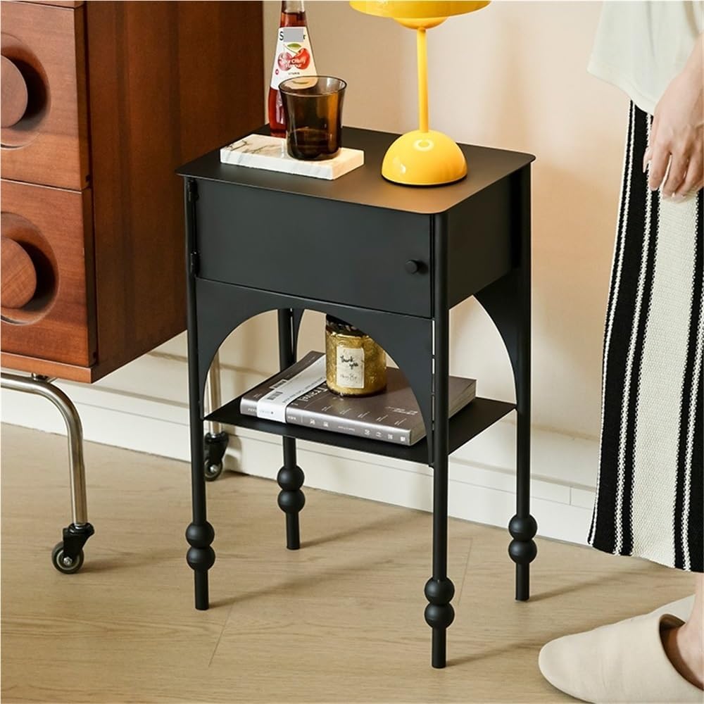 Black Side Table with Drawer, Wrought Iron Nightstand, 2-Tier End Table, Narrow Cabinet for Bedroom,Living Room, Office