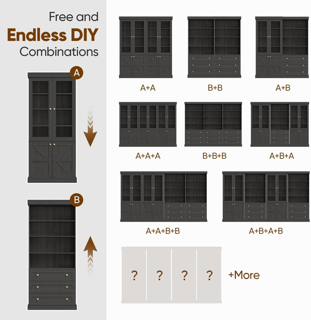 71" Tall Farmhouse Kitchen Pantry, Large Storage Cabinet with Glass Doors, Adjustable Shelves + 3 Drawer, Wood Versatile Hutch Cabinet for Dining Room, Living Room, Black,2Pcs