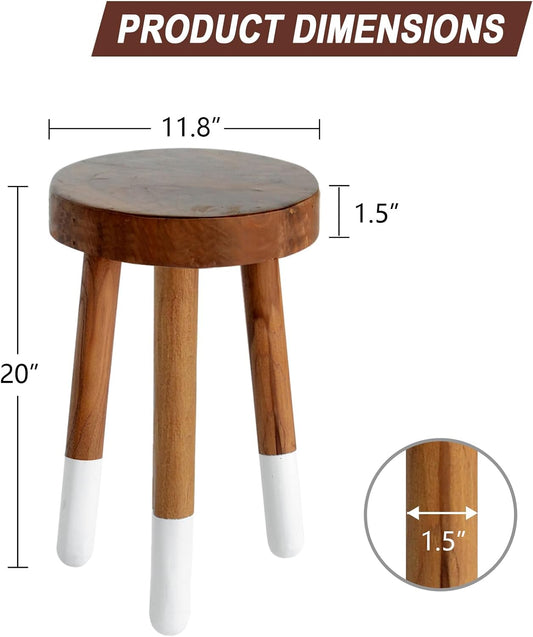 Teak 11.8" Round Dip Dyed Teak Stool | Wood Accent Side Table | Wood Plant Stand (20" Tall White)