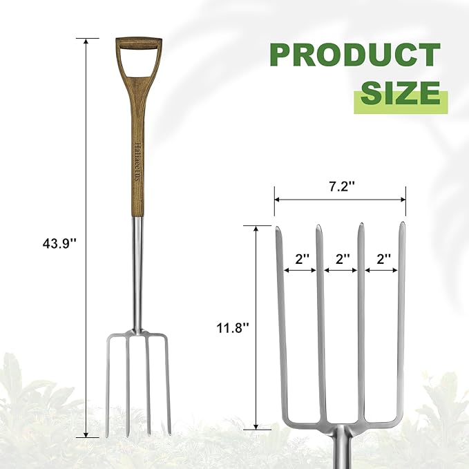 Garden Pitch Fork, 4-Tine Stainless Steel Spading Fork, 43.9'' Digging Fork with Good Leverage for Easy Digging Out Weed, Ergonomic D Handle Garden Fork for Composting, Digging Potatoes Loosening Soil