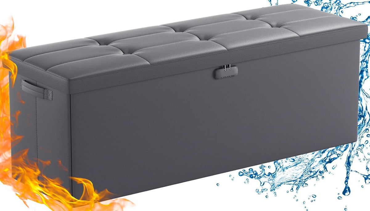 ENGPOW Storage Ottoman, Fireproof Folding Bench with Lock(15”x 43”x15”), Water-Resistant & Heat Insulation Large Storage Chest with Handles&2 Extra Spaces Safe for Living Room, Bedroom, Home, Grey