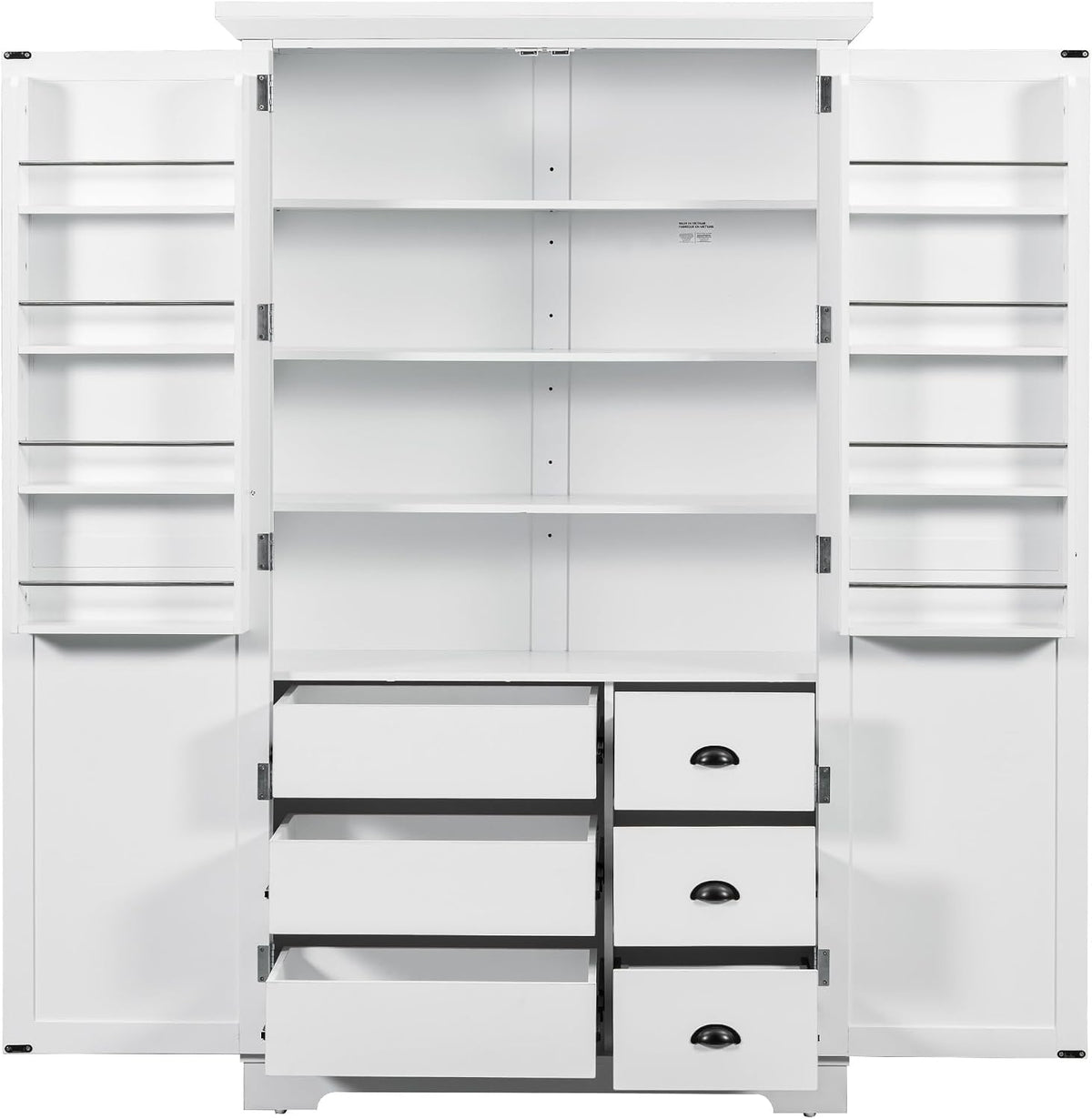 Merax 72" Tall Shaker Style Kitchen Pantry with 3 Drawers, Adjustable Shelves, Wood Cupboard Dining Storage Cabinet with Door Shelves and Pull-Out Trays for Living Room, Kitchen, Dining Room White