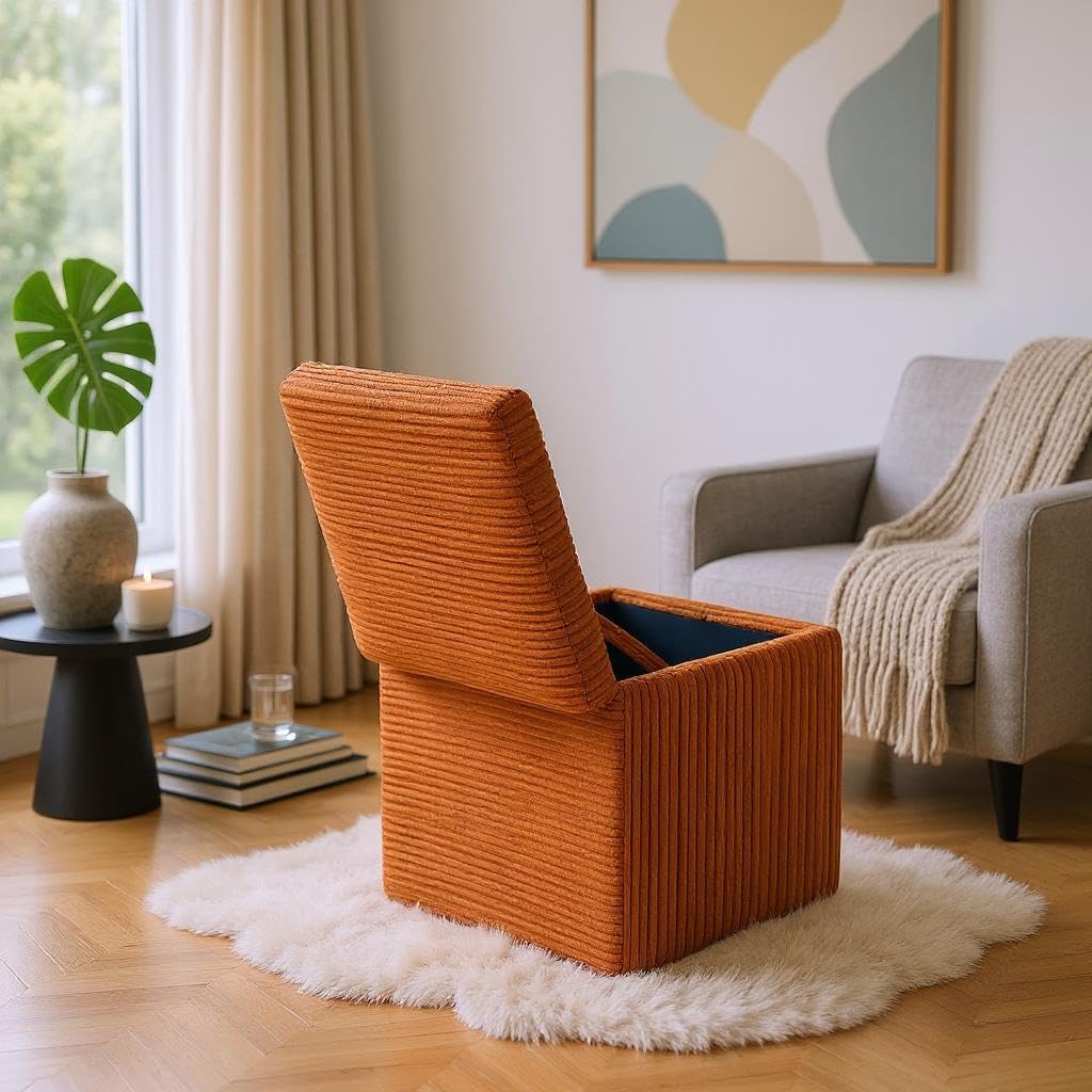Orange Corduroy Storage Ottoman with Rubber Feet – Compact Soft Cube Seat, 42×42×44cm