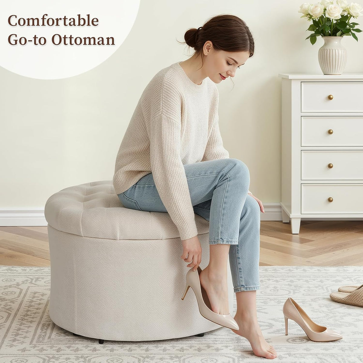 ONBRILL Round Ottoman Foot Rest, 24" Storage Ottoman | 15.4" Height Foot Stool(Better for Low-Profile Sofa), Large Size Bedside Storage, Extra Seat, Entryway Shoe Bench