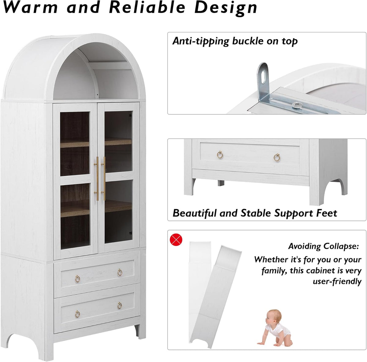 Tall Arched Pantry Cabinet with Glass Doors,White Kitchen Pantry with Adjustable Shelves,Arched Display Cabinet,for Kitchen, Dining Room