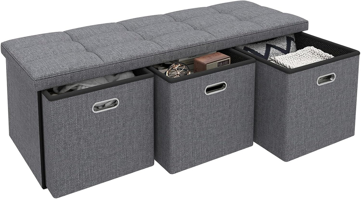 43 Inches Folding Storage Ottoman Bench with Drawers,End of Bed Foot Rest Stool with Padded Seat,Bedroom Bench for Living Room,Bedroom,Support 660lbs,Grey