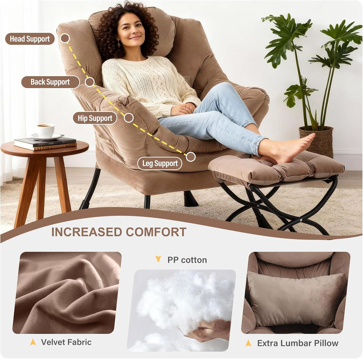 Lazy Chair with Ottoman, Comfy Chair with Pillow,Pure Khaki