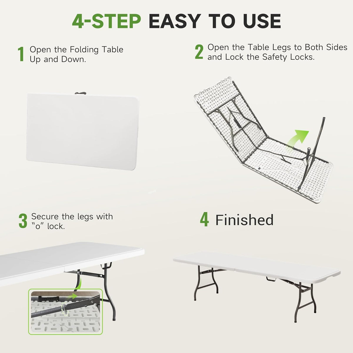 Folding Table 8 Foot - Heavy Duty 660LBS Capacity, Sturdy & Foldable Design with Safety Lock - Portable Tables Folding for Camping, Party, Indoor & Outdoor Use, 2 Pack
