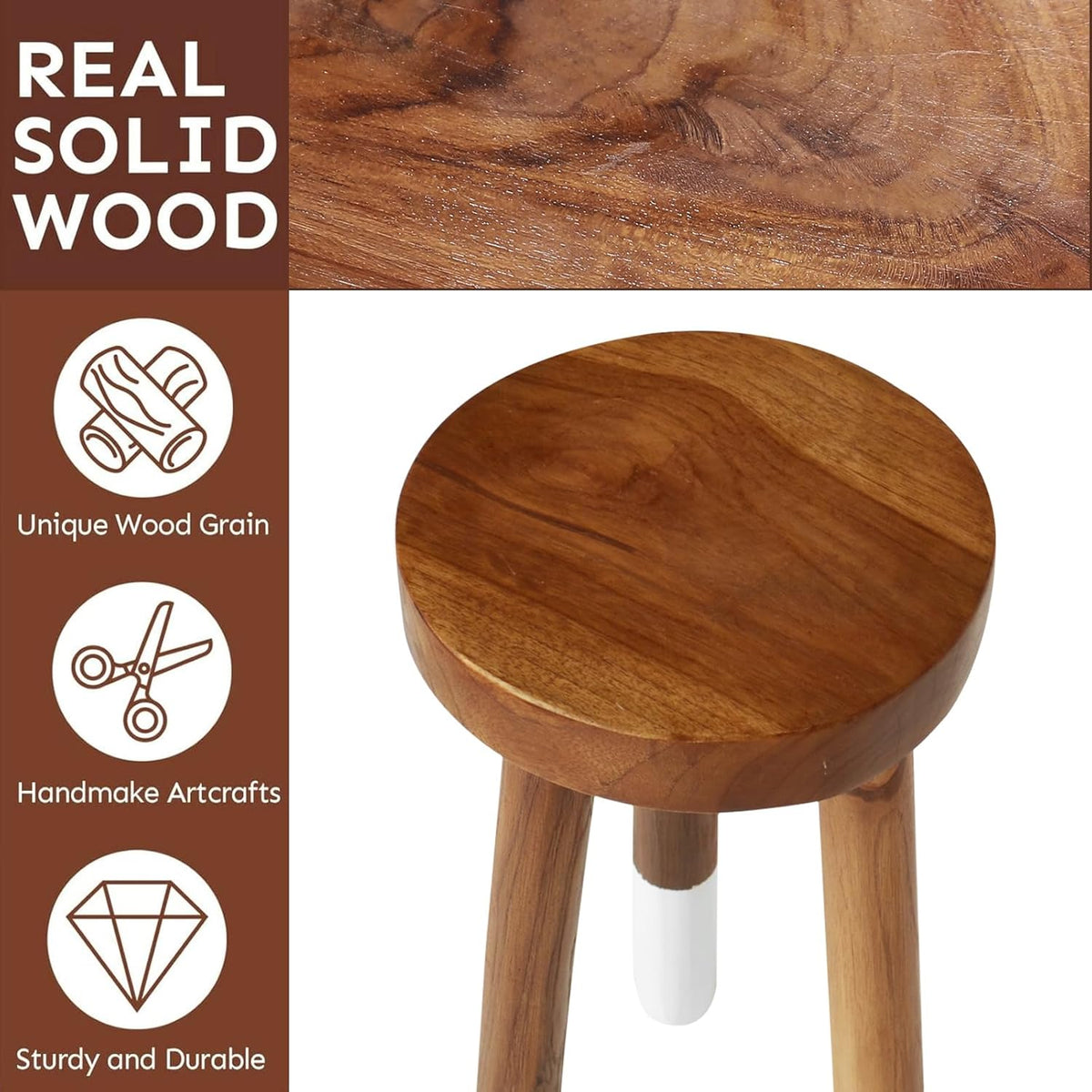 Teak Wood 9" Round Plant Stand |Dip Dyed Plant Stand |Accent Stool |Milking Stool |Bath Stool |Small Side Table (16" Tall White)