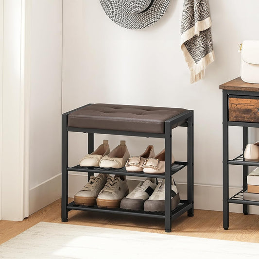 HOOBRO Small Shoe Bench, 3-Tier Shoe Rack, Shoe Storage Bench with PU Seat Cushion, Entryway Shoe Rack Bench with Metal Mesh Shelves, Freestanding Shoe Organizer for Hallway, Brown CB33HX01