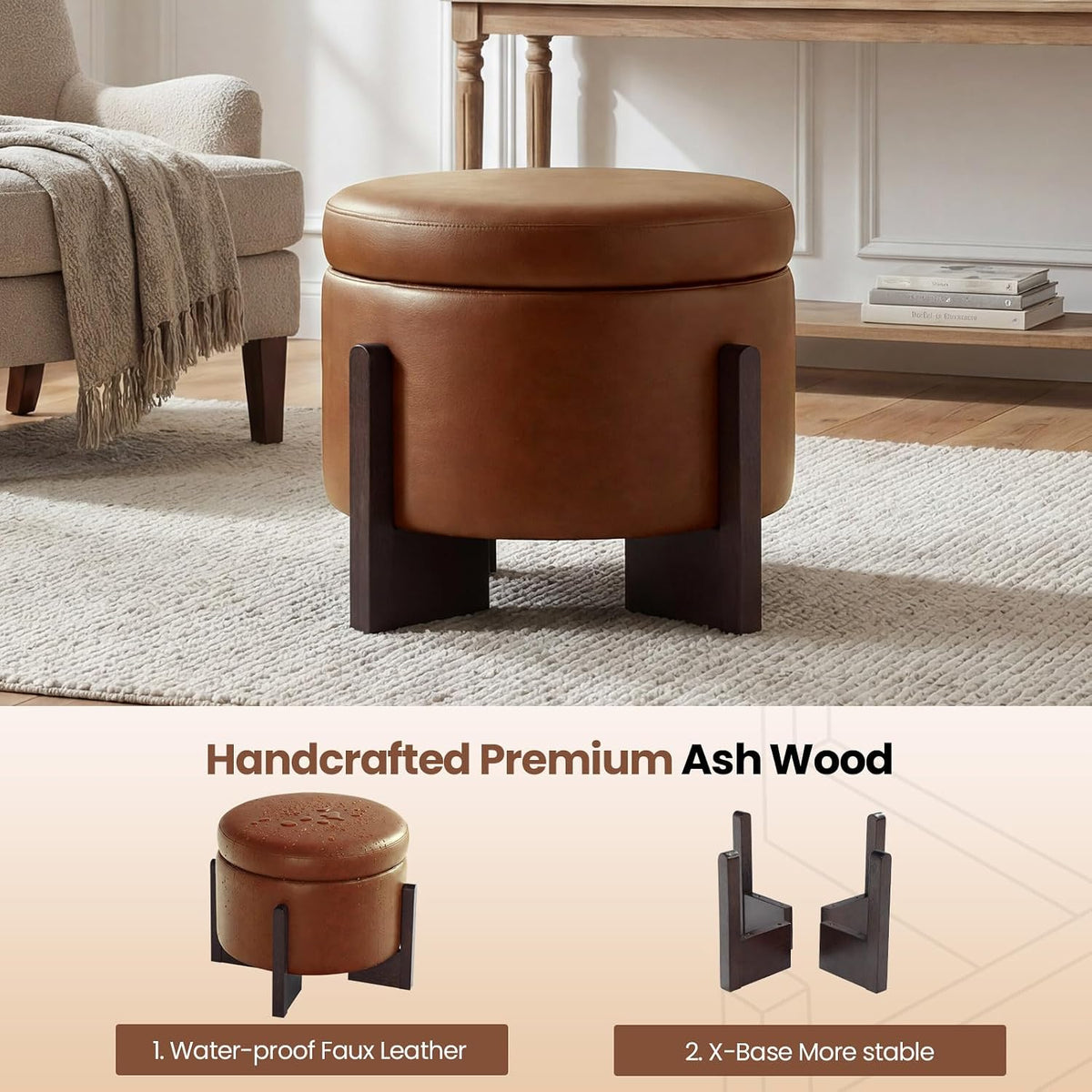 Leather Ottoman with Storage and Ash Wood Legs, Modern Foot Stool,Round Storage Ottoman Coffee Table for Living Room,Bedroom (Light Brown)