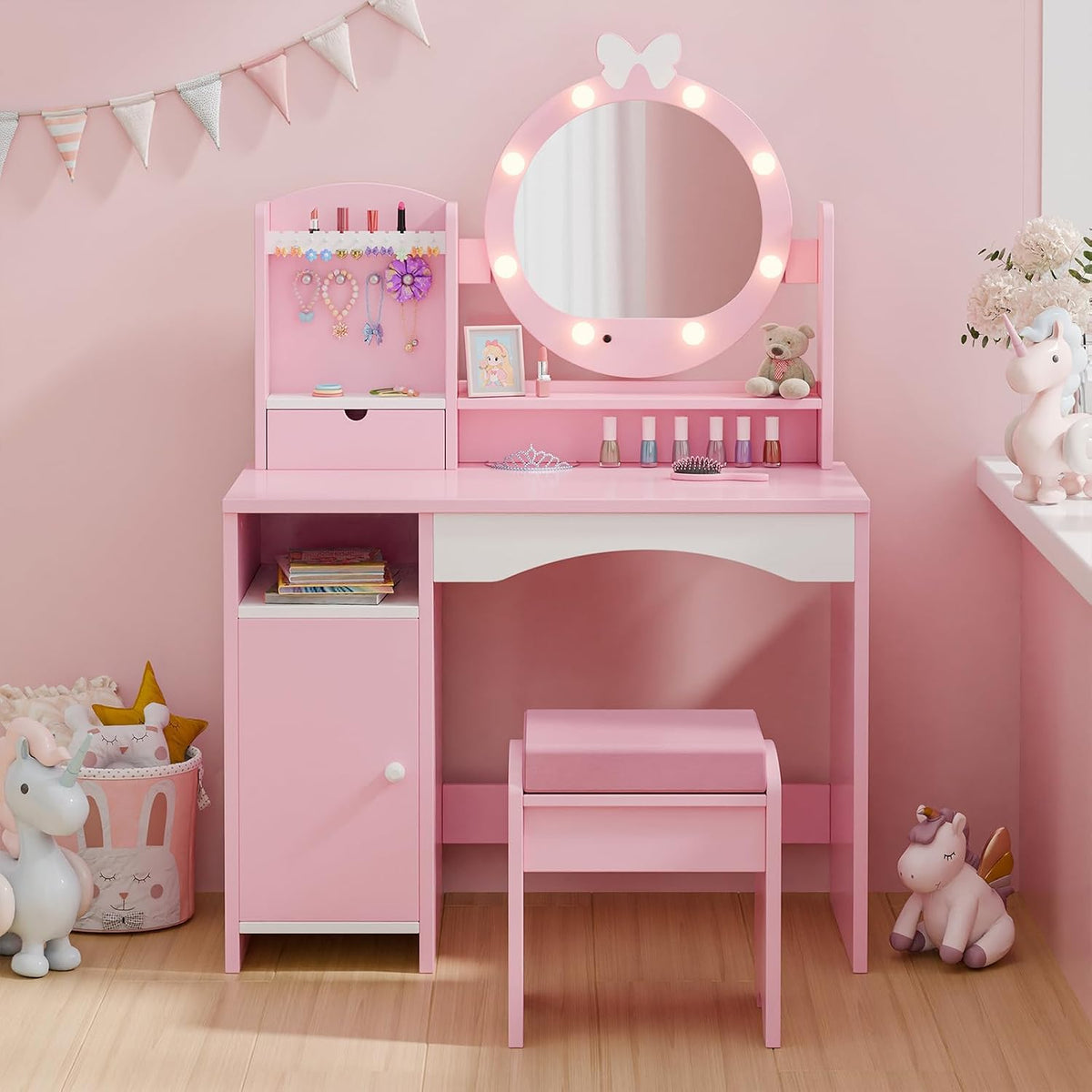 MU Kids Vanity Table and Chair Set – Princess Girls Vanity Set with Mirror, Lights, Jewelry Storage, and Cushioned Stool, Toddler Makeup Vanity for Little Girls (Pink)