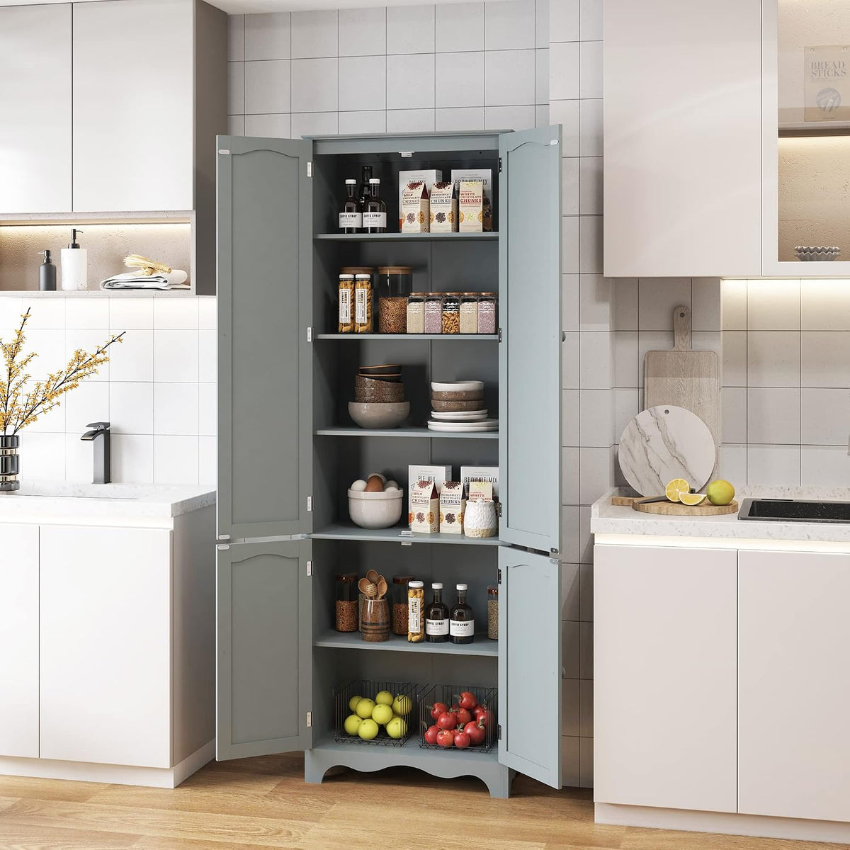 Yusong 72'' Tall Kitchen Pantry Cabinet, Freestanding Storage Cabinet with Doors and Shelves, Wooden Food Pantry Farmhouse Cupboard Buffet for Kitchen Dining Living Room, Gray