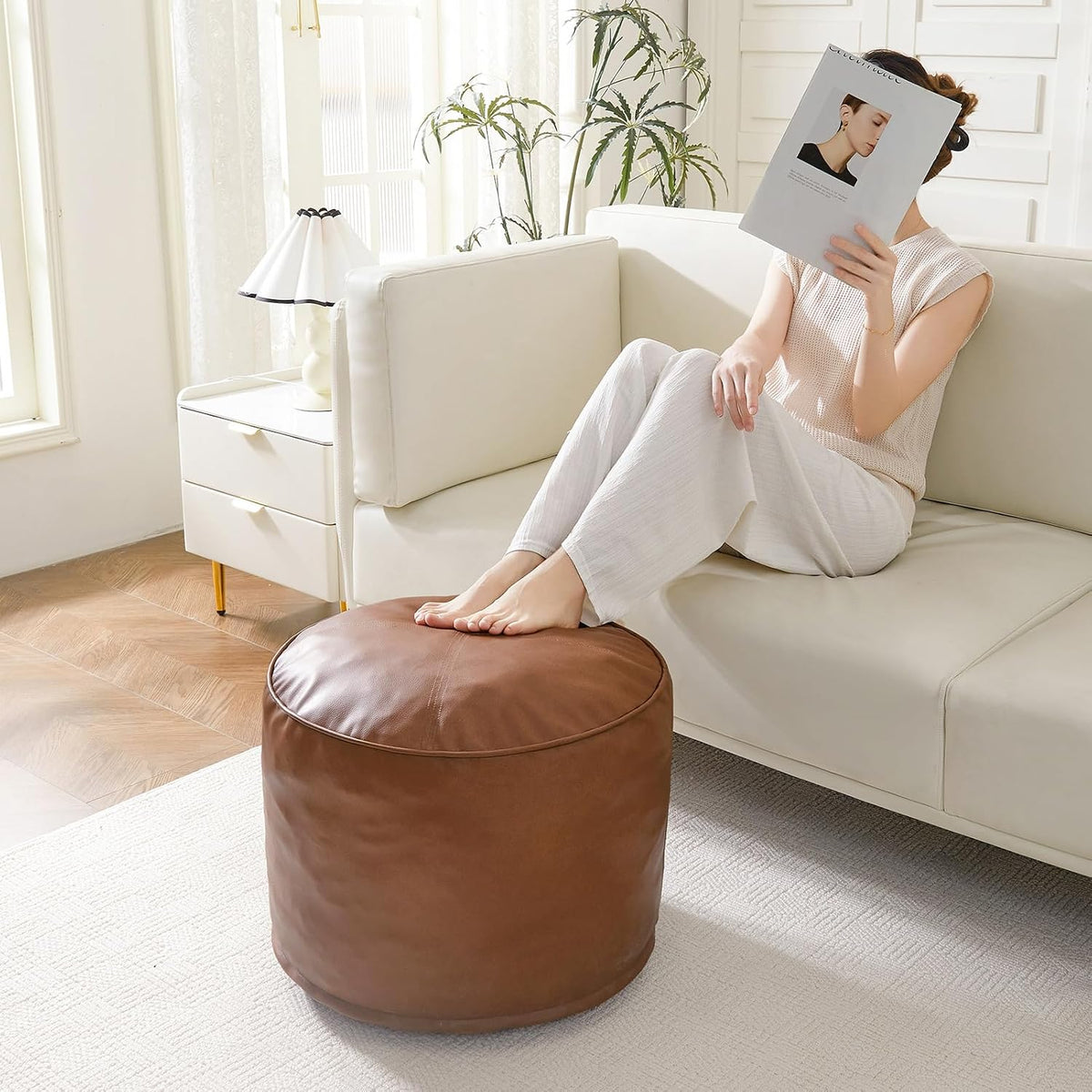 HIGOGOGO Round Stuffed Pouf Ottoman, Pu Leather Poufs with Foam Chunk Filling Foot Stool Storage Ottoman, 26 X 18 Floor Poufs Foot Rest for Living Room, Brown