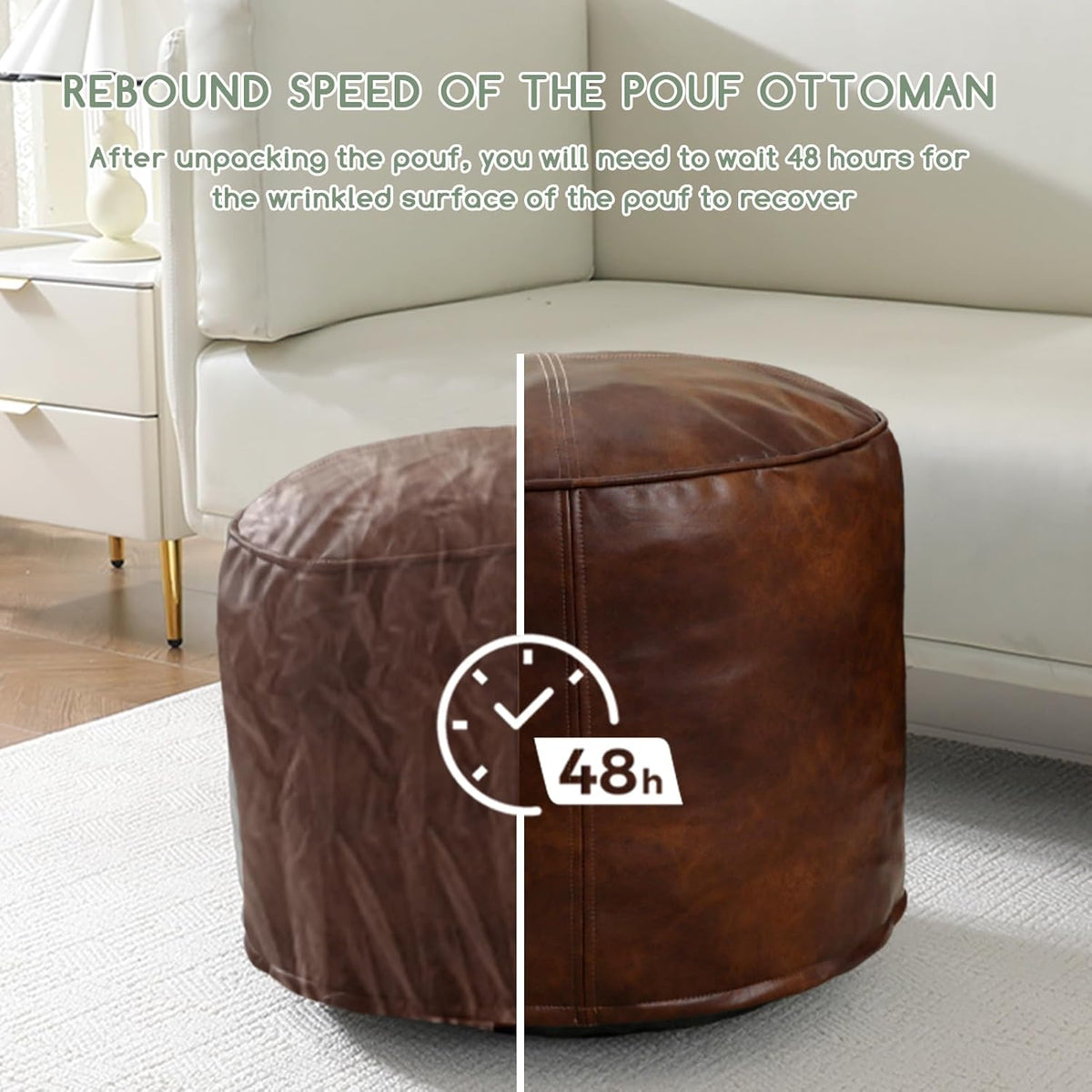 HIGOGOGO Round Stuffed Pouf Ottoman, Pu Leather Poufs with Foam Chunk Filling, Furry and Fluffy Pouf Foot Stool Storage Ottoman, 20 X 15 Floor Poufs Foot Rest for Living Room,Dark Brown