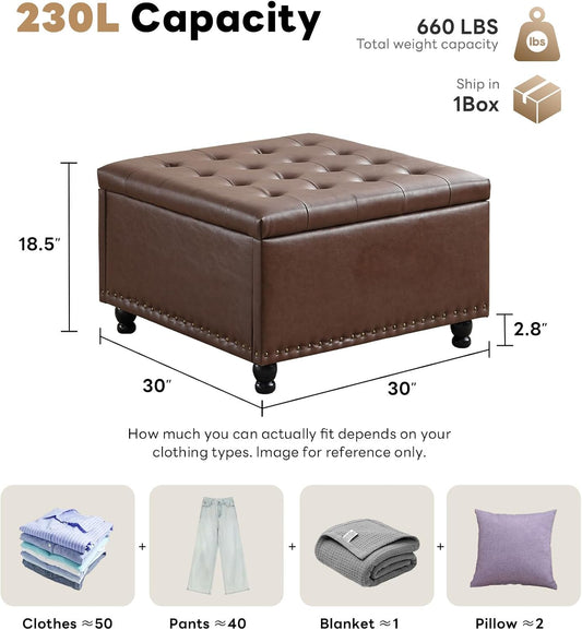 Tbfit 30" Large Square Ottoman Coffee Table with Storage, Oversized Tufted Upholstered Ottomans Bench with Solid Wood Legs for Living Room, Dorm, Leather Foot Stool for Couch Sofa Toy Box, Brown