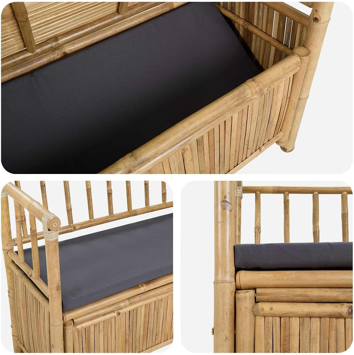 Bamboo Garden Storage Bench 110 x 47 x 80 cm, Outdoor Seat with Hidden Compartment, Natural Finish Post Leg Design for Patio or Indoor Use