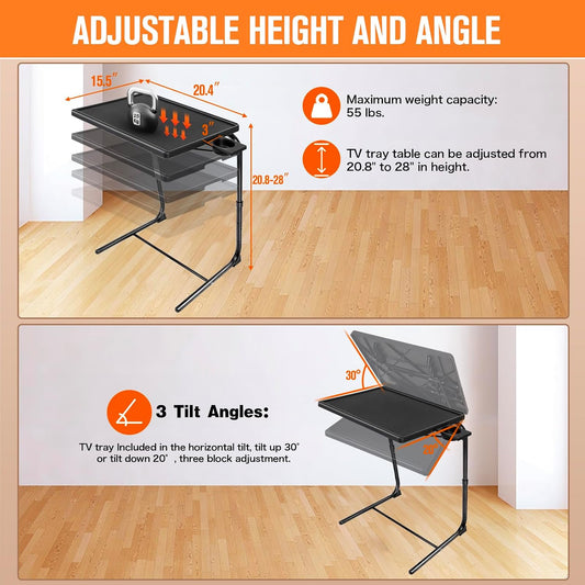 TV Tray Table, TV Dinner Table with 3 Tilt Angles and 6 Height Adjustments, Folding Adjustable Tray Tables with Cup Holder for Eating on Couch, Bed & Sofa, Set of 2