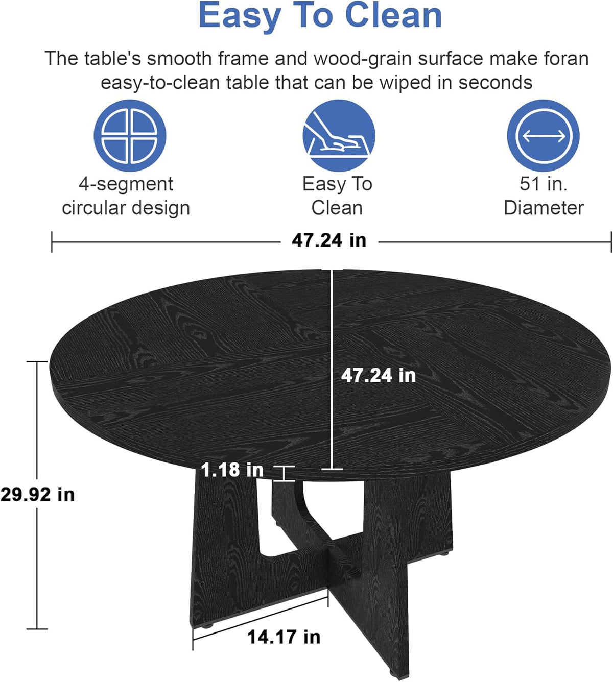 Round Farmhouse Dining Room Table for 6, 47" MDF Circle Kitchen Table with Wood Grain Finish, Wooden Kitchen and Dining Table for Dining Room, Kitchen, Living Room, Black