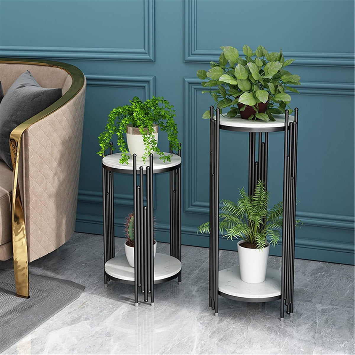 ELEFOCUS 2 Tier Marble Look Telephone Table Tall Slim Plant Stand & Round Side Table for Living Room Patio Decor (Size:33 * 33 * 50CM,Color:Gold)