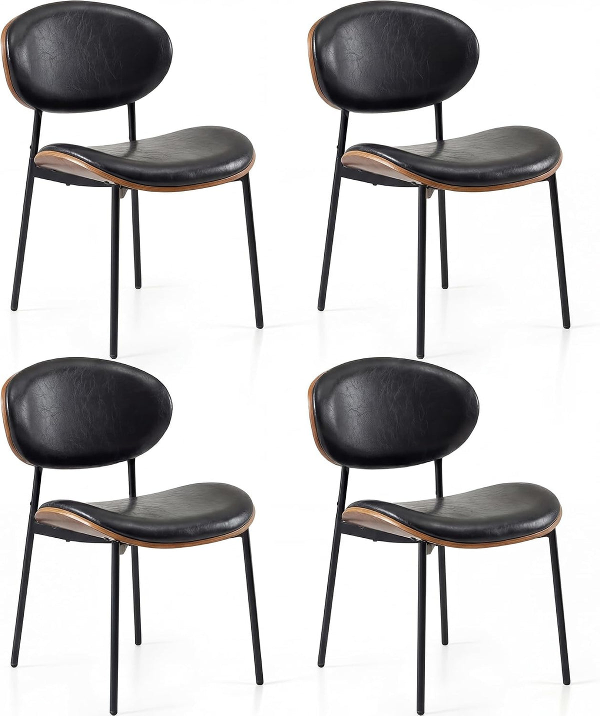 BedsPick Mid-Century Modern Dining Chairs Set of 4, PU Leather Upholstered Dining Room Chairs with Walnut Grain Back, Bentwood Kitchen Chairs with Adjustable Feetpads for Dining Room, Kitchen, Black