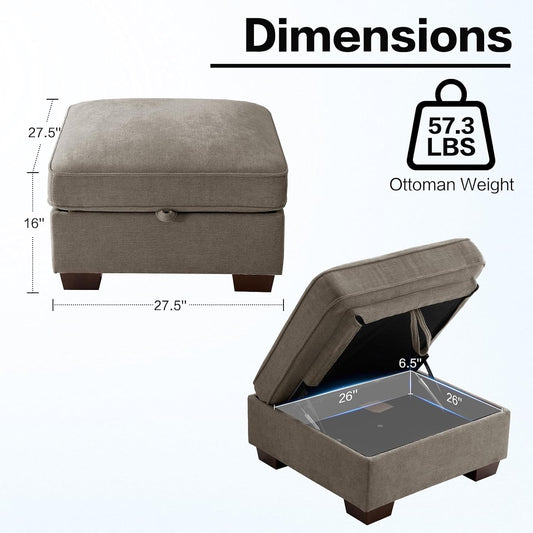 TEKAMON 27.5" Storage Ottoman, Square Footrest with Sponge Padded Seat, Chenille Fabric Step Stool for Sofa, Bedroom, Living Room, Entryway, Modern Change Shoes Stool, Wood Legs,(Brown)