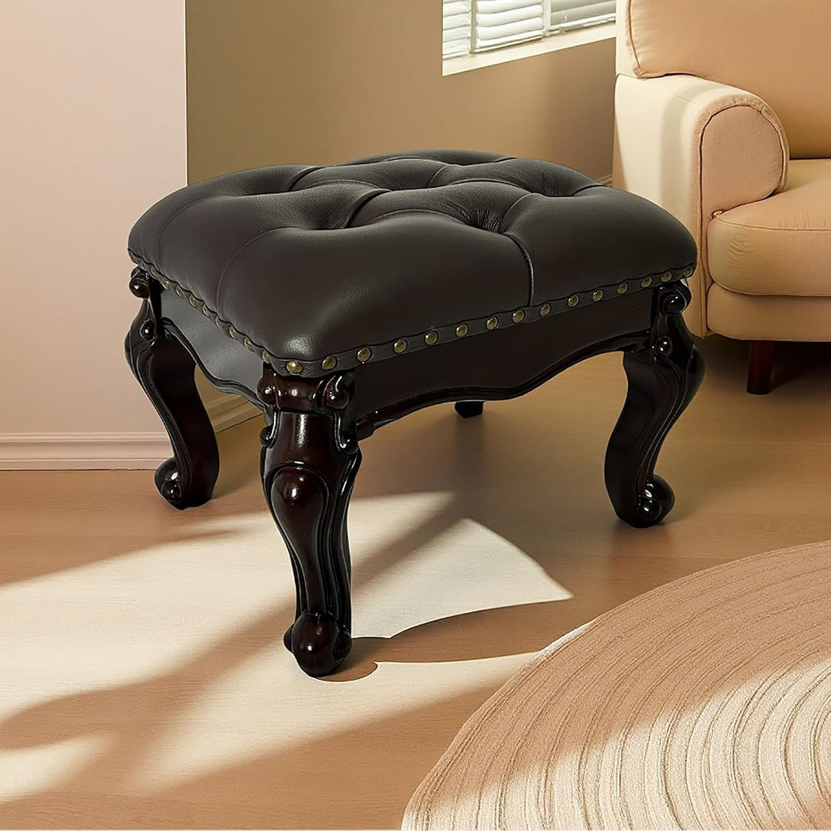 Leather Foot Stool,Vintage Footstools,Wooden Footrest,Upholstered Foot Rest for Living Room,Sofa,Entryway (Walnut)