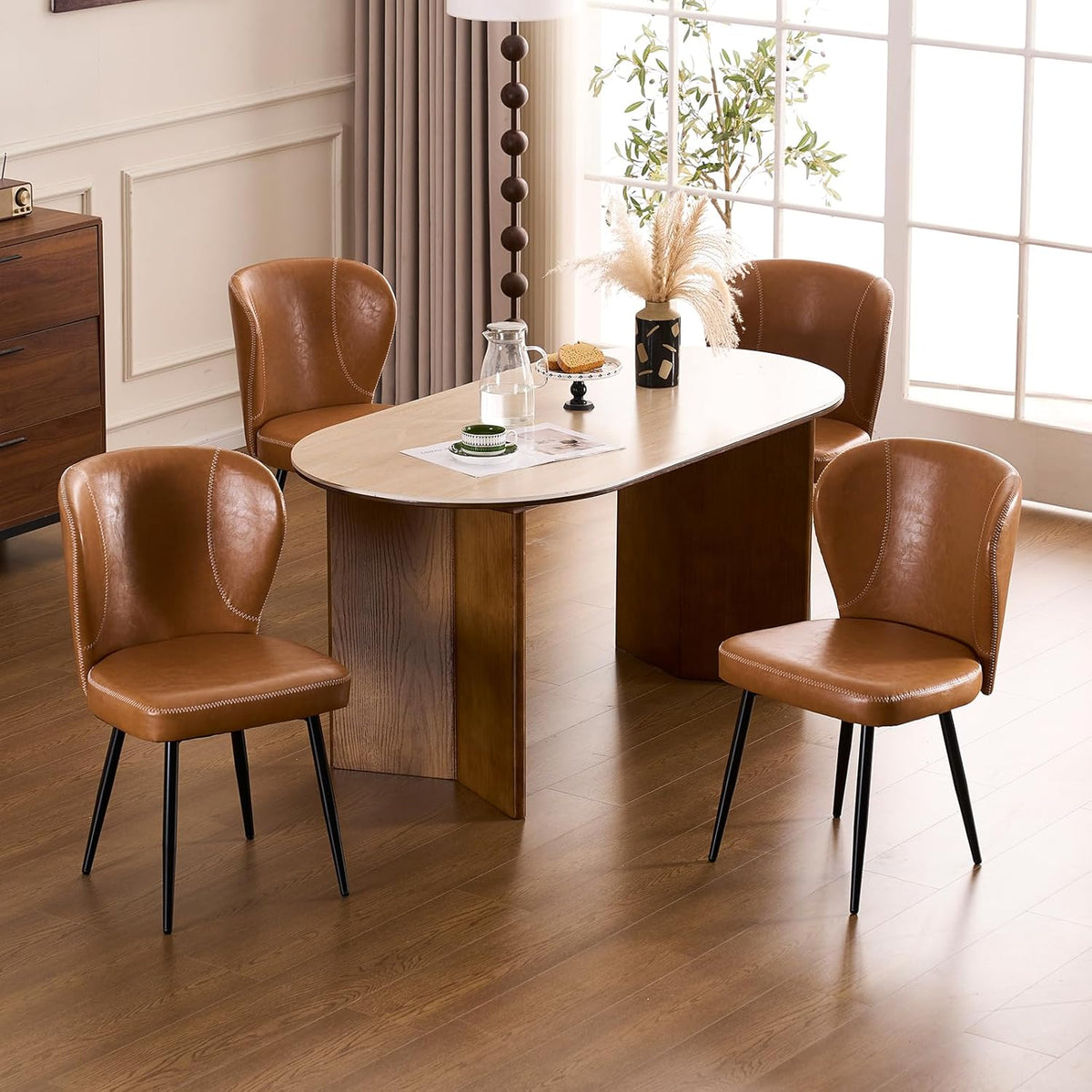 Dining Chairs Set of 2, Upholstered Synthetic Leather Kitchen Chairs, Mid-Century Modern Dining Room Chairs with Thick Cushion, Stitching Backrest and Metal Legs, Brown