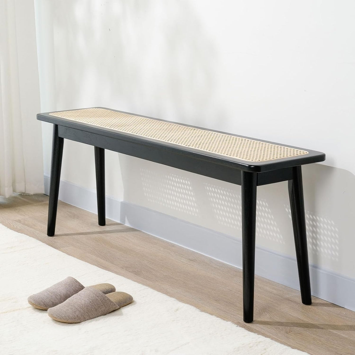 Entryway Bench, Solid Wood Kitchen Dining Bench, Mid Century Modern End of Bed Bench with Rattan Woven Top for Bedroom, Dining Room, Entry Way, 47.2" L x 11.2" W x 17.7" H, Black