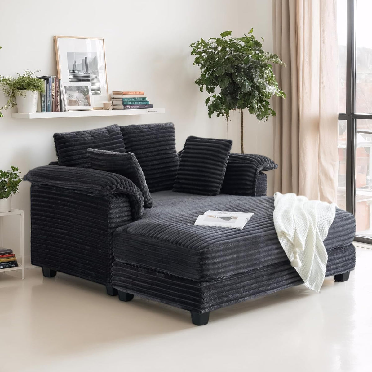 VINGLI 56" Oversized Chaise Lounge Chair, Dark Grey Comfy Corduroy Chaise Sofa Recliner Bed Upholstered Sleeper Couch Bed with Throw Pillows and Armrests for Living Room, Movie Room, Bedroom