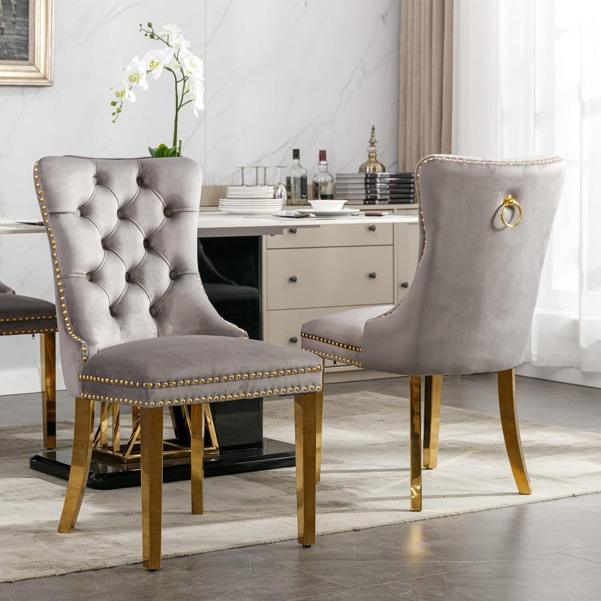 Modern Marble Dining Table Set for 6, White Dining Set with 68" Faux Marble Dining Table and 6 Gray Upholstered Velvet Dining Chairs, 7 Piece Dining Table and Chairs Set for Kitchen