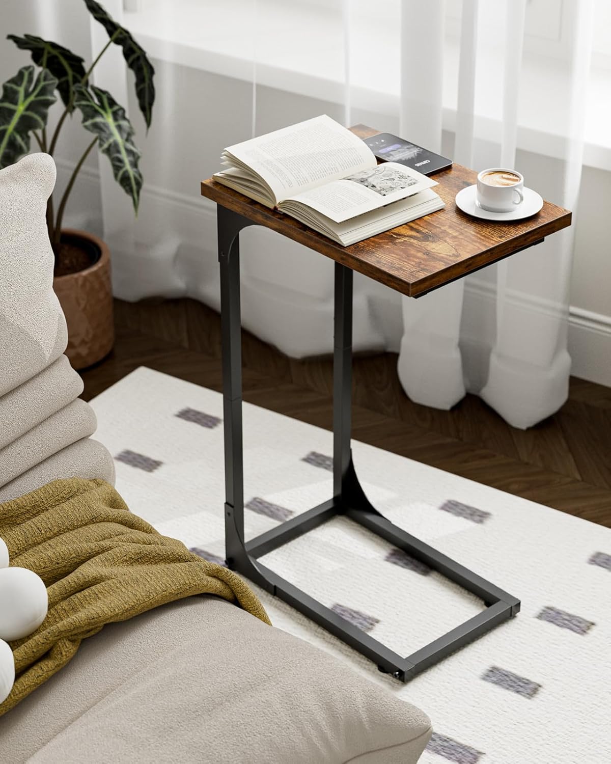C-Shaped Side Table for Couch - Small Coffee Stand Sofa Tray Desk with Metal Frame and Waterproof Scratch Resistant, Modern End Accent for Living Room, Bedroom, Small Spaces, Rustic Brown