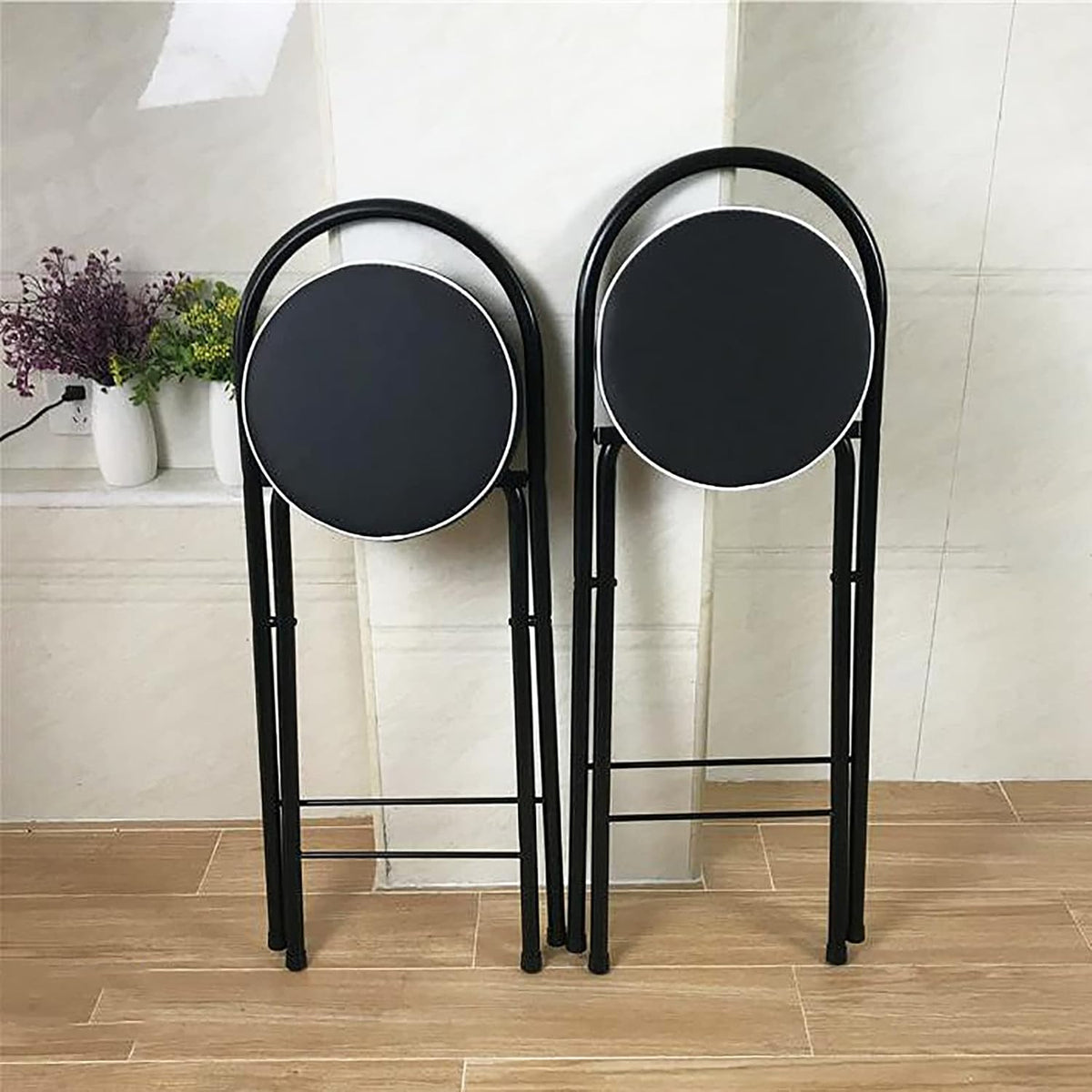QQXX Folding Bar Stool with Footrest,Leather Padded Folding Kitchen Stool,Portable Counter Height Foldable Stool Tall Bar Stools for Outdoor Kitchen Shop Cafe(1 Pc, Black Seat Height 29.5")