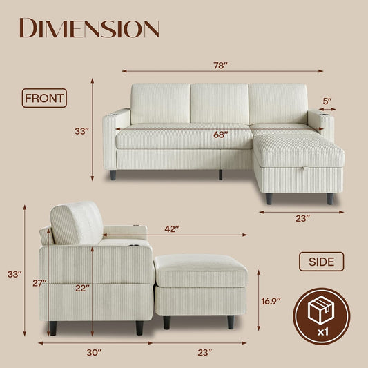 Convertible Sectional Couches for Living Room, 3 Seats L Shaped Sofa with Storage Ottoman & 2 Cup Holders, Modern Corduroy Couch Small Sofas for Small Space, Apartment, Office, Beige