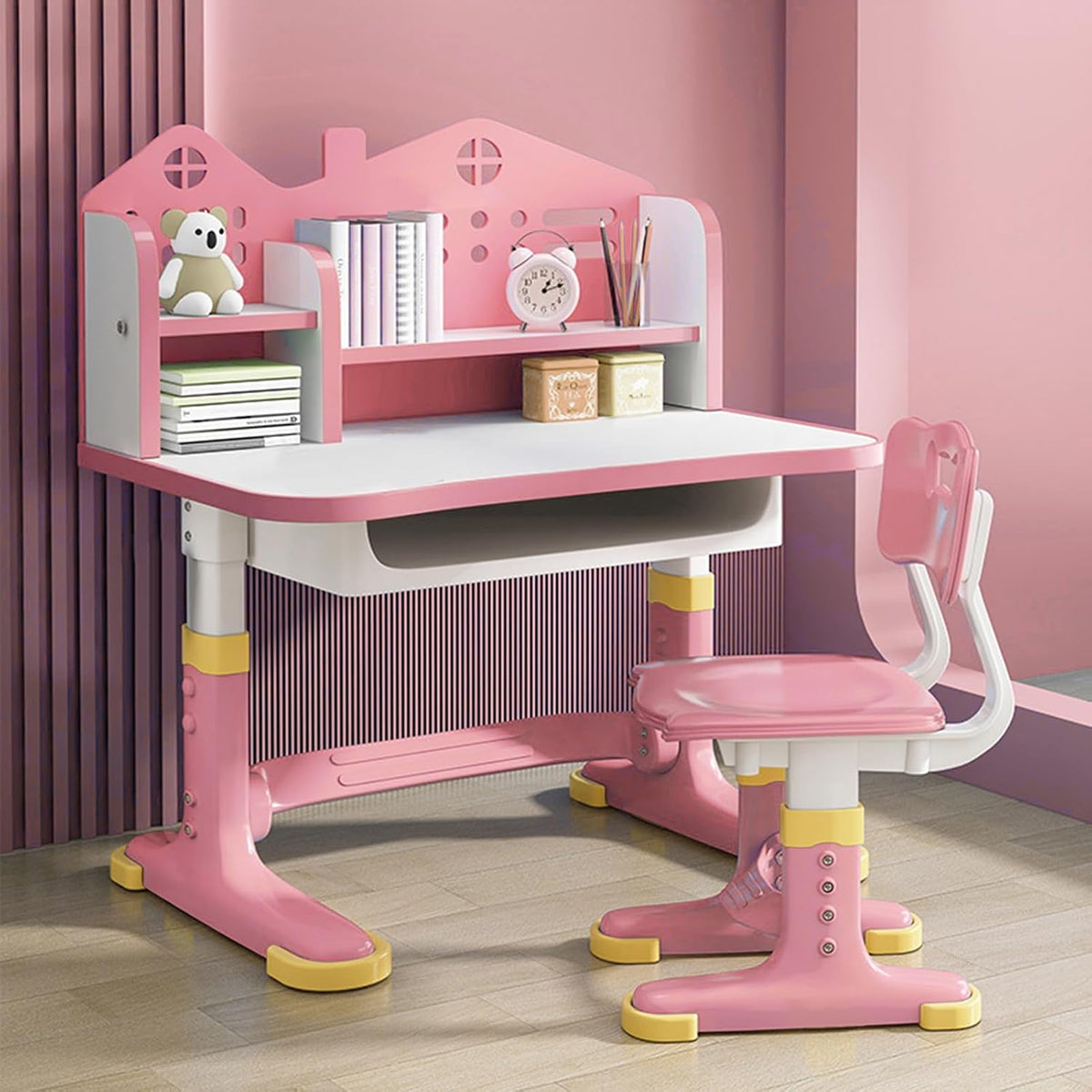 Kids Desk and Chair Set, Height Adjustable Kids Desk with Storage Drawers and Bookshelf, Ergonomic Table for Kid (Pink)