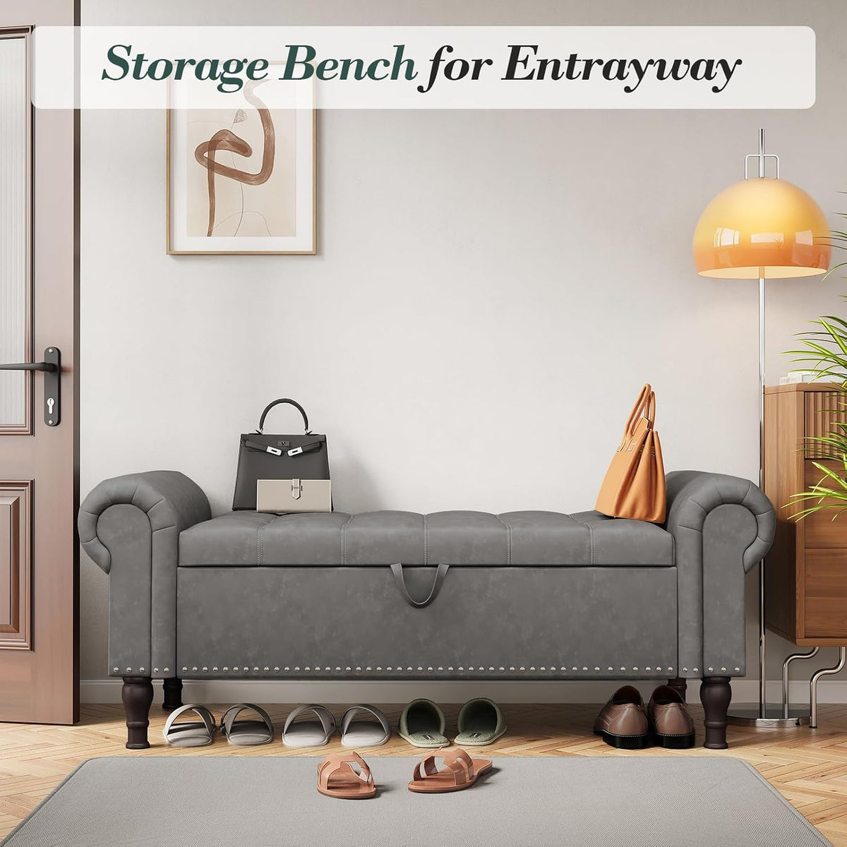 Apicizon 51” Bench with Storage, Upholstered Tufted Button Bedroom Bench with Storage, Faux Leather End of Bed Bench with Rolled Arms, Storage Ottoman Bench for Bedroom, Living Room, Entryway, Gray